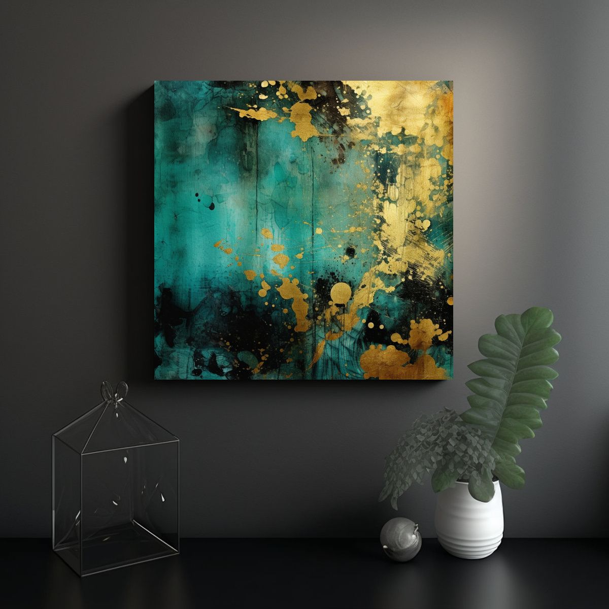 GENERICO - Cuadro Abstracto Exuberante Con Turquesa Y Oro 90x90 Cm