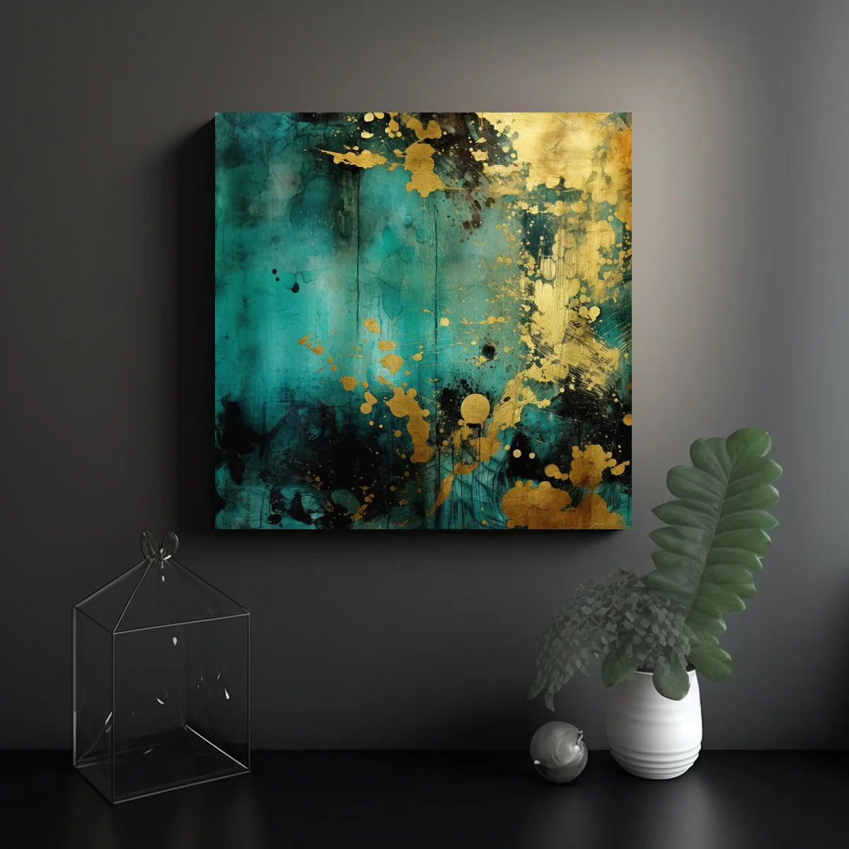 GENERICO - Cuadro Abstracto Exuberante Con Turquesa Y Oro 50x50 Cm