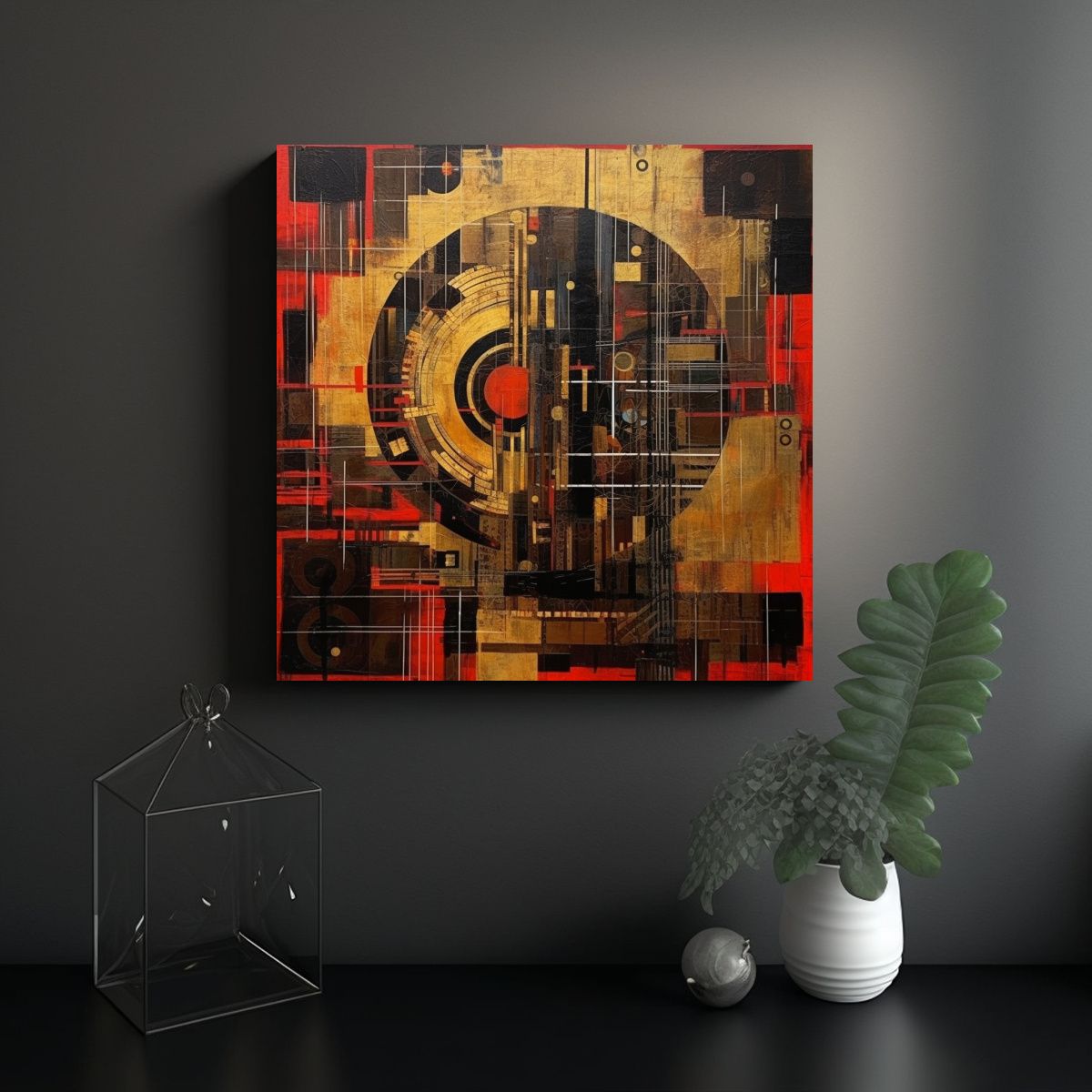 GENERICO - Cuadro Abstracto En Negro, Rojo Y Dorado Para 50x50 Cm