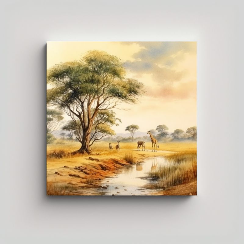 GENERICO - Pintura Acuarela Armonía En La Sabana Africana 80x80 Cm