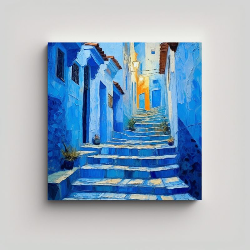 GENERICO - Cuadro Acuarela Calles Azules Con Escaleras 80x80 Cm