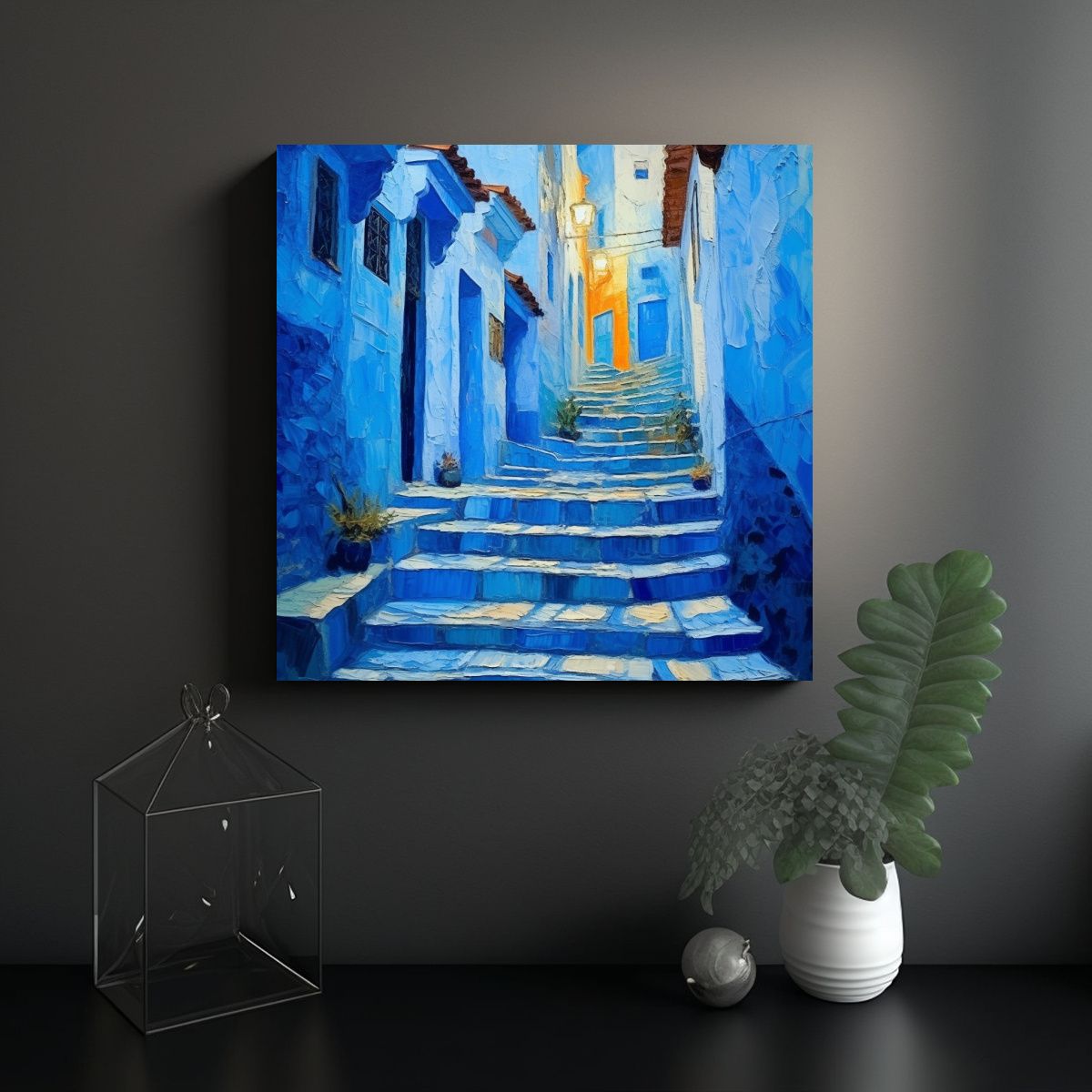 GENERICO - Cuadro Acuarela Calles Azules Con Escaleras 80x80 Cm