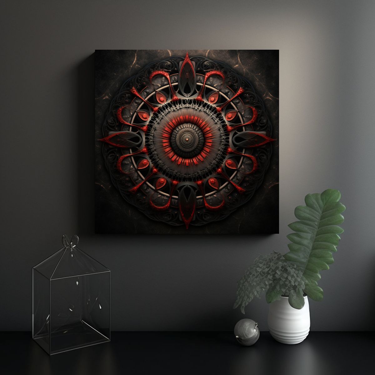 GENERICO - Mandala Alienígena En Rojo Y Negro En Lienzo De 80x80 Cm