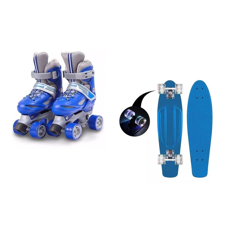GENERICO - Pack Skate Celeste Face + Patines 4 Rueda Ajustable  XS Blue