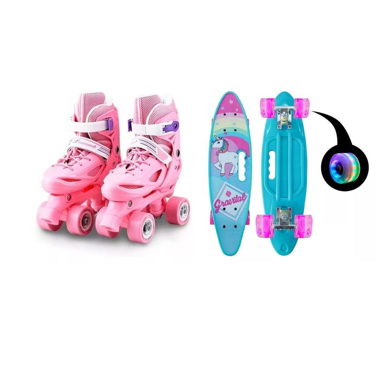 GENERICO - Pack Skate Unicornio + Patines 4 Rueda Ajustable S Pink