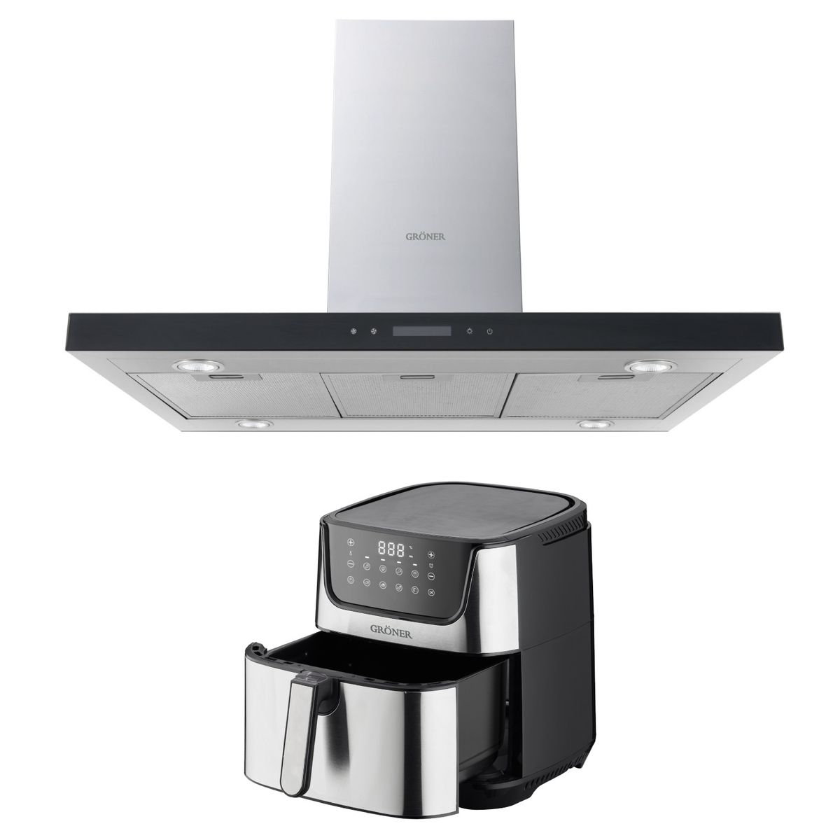 GRONER - Kit Freidora de Aire Digital 7L + Campana Isla Gröner Touch 90 cm