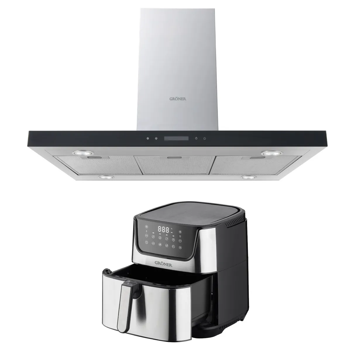 GRONER - Kit Freidora de Aire Digital 7L + Campana Isla Gröner Touch 90 cm