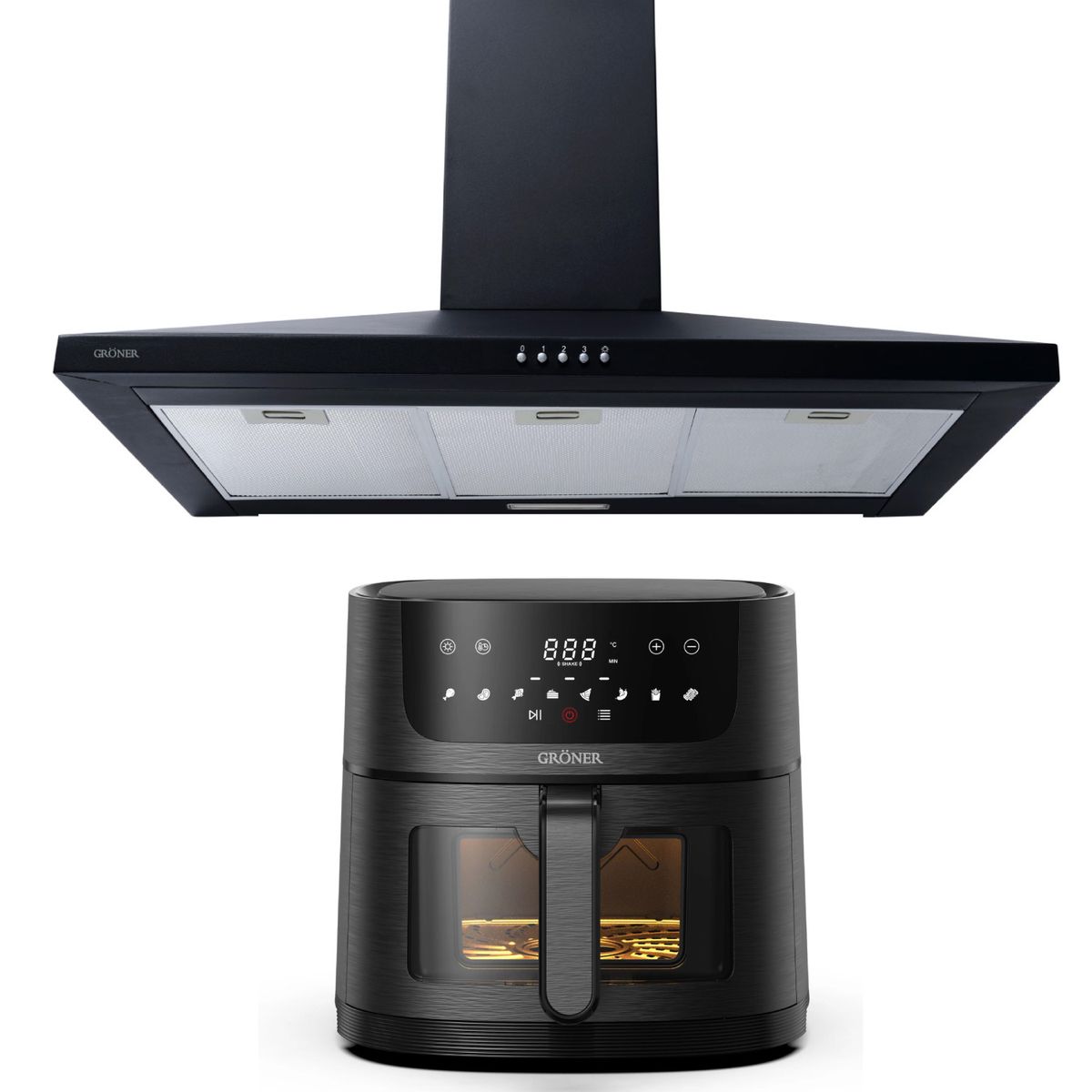 GRONER - Kit Freidora de Aire Digital 6L + Campana Piramidal Gröner Black 90 cm