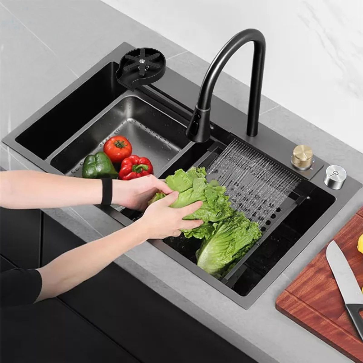 DOMSA - Lavaplatos Multifuncional Cascada Black Sobre Cubierta  75x46x23