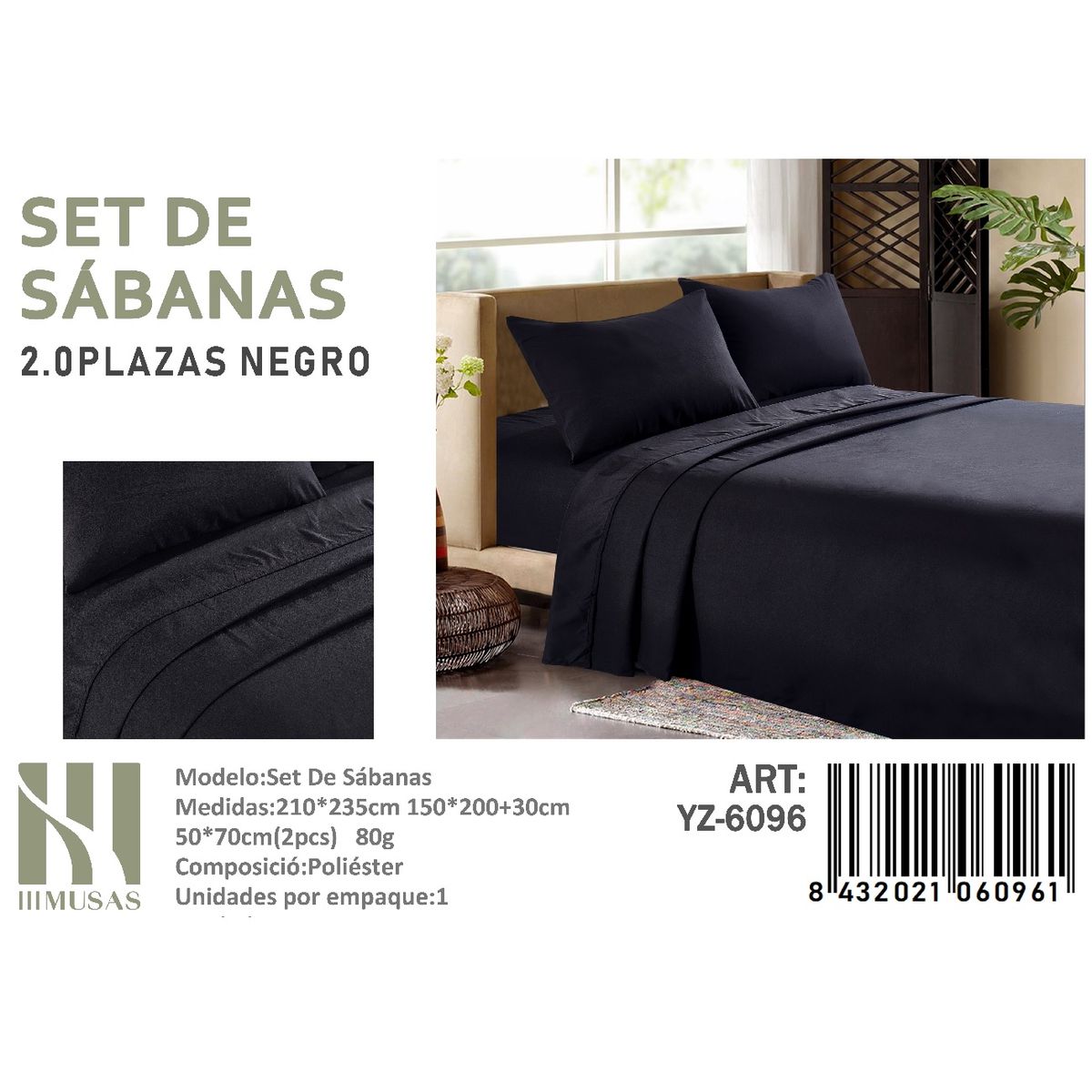 ANGELES DEL HOGAR - Set De Sabanas 2 Plazas  Color Negro 150 Hilos + 2 Funda De Almohada
