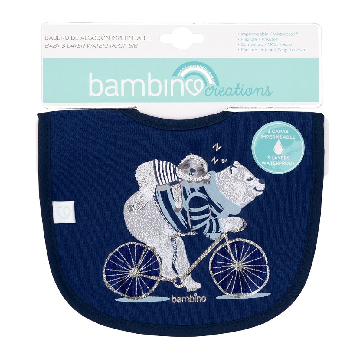 BAMBINO - Babero De Algodón Impermeable Azul Oso Bici Niño