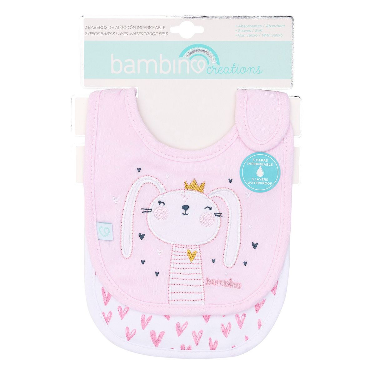 BAMBINO - Set 2 Babero Algodón Impermeable Rosado Conejita Niña