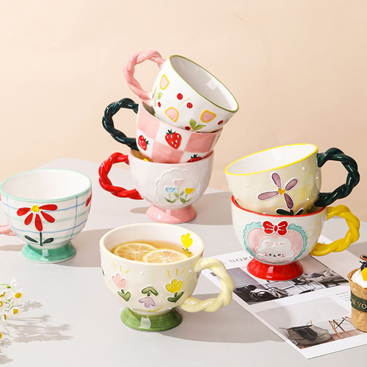 GENERICO - Taza Mug De Cerámica Diseño Vintage Amarillo Trenzada 400ml