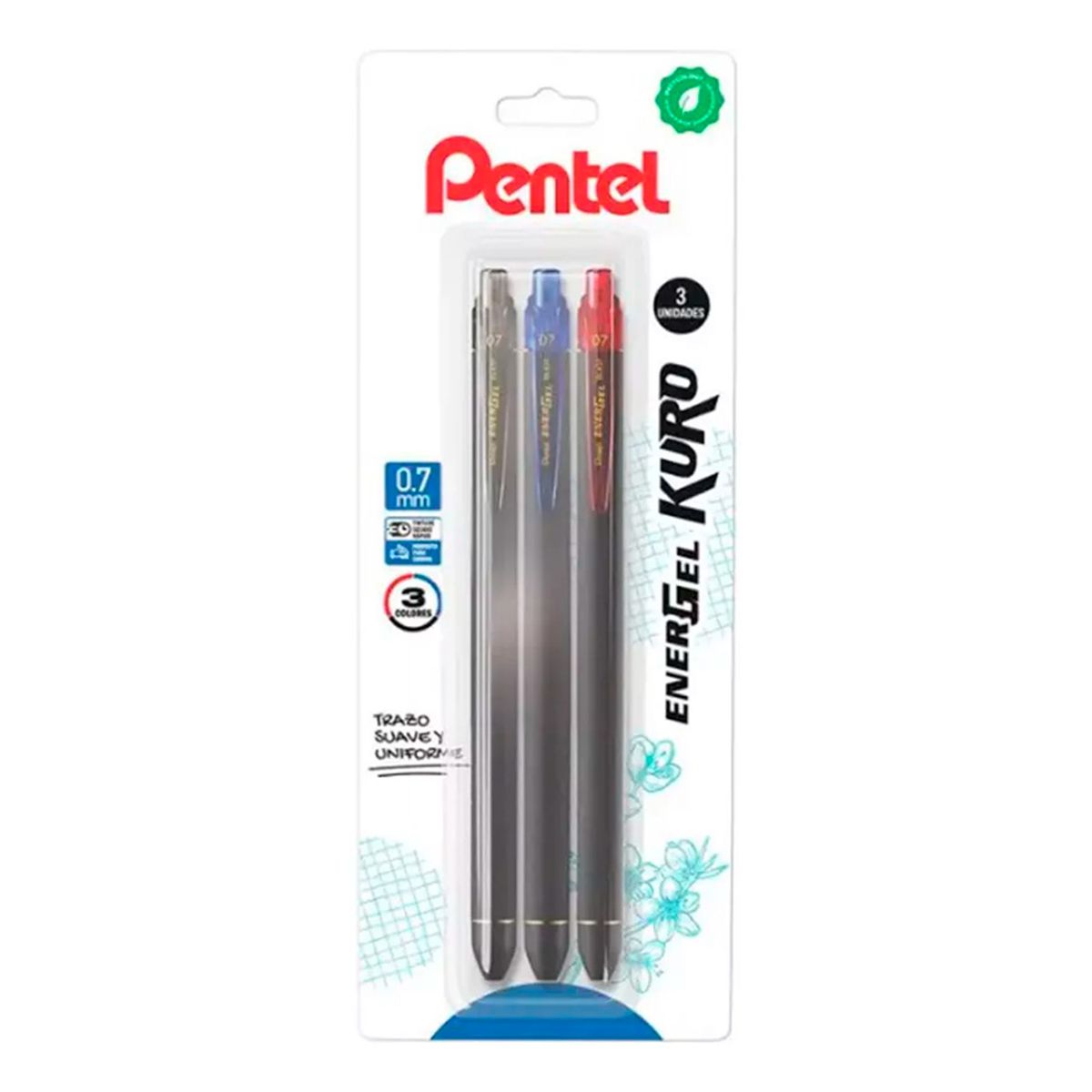 PENTEL - Set 3 Bolígrafos Gel Retráctil Kuro 07mm Pentel