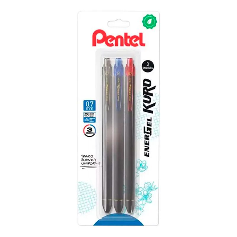 PENTEL - Set 3 Bolígrafos Gel Retráctil Kuro 07mm Pentel