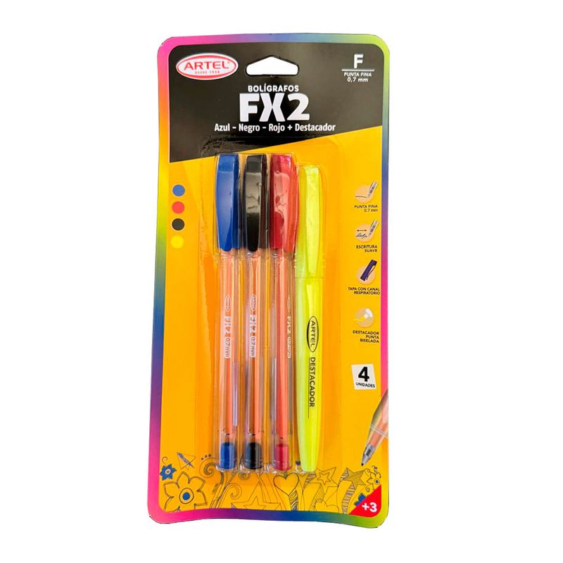 ARTEL - Set 3 Bolígrafos Fx2 07mm + Destacador Artel