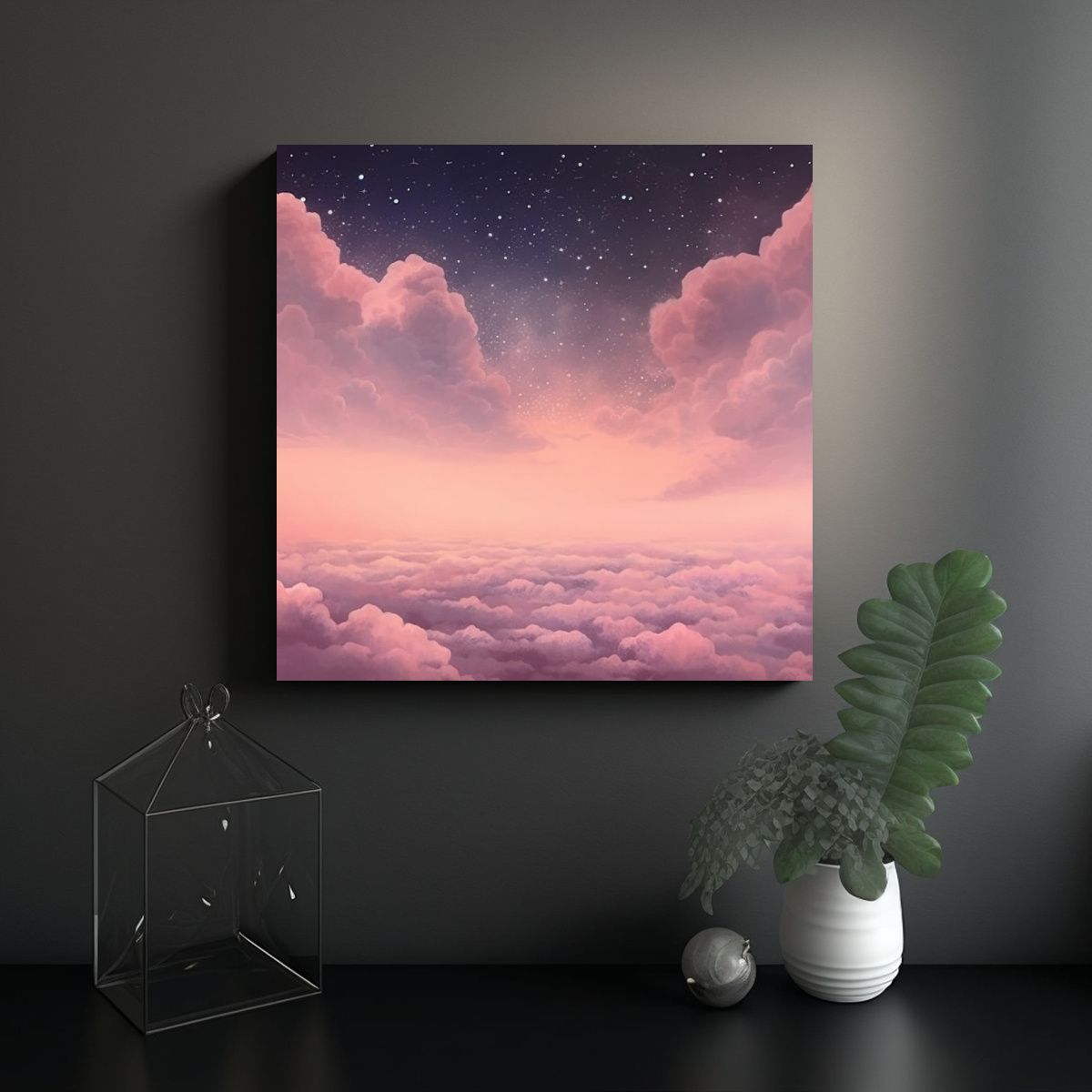 GENERICO - Cuadro Cuadro Cielo Rosado Nublado Con Estrellas 60x60 Cm