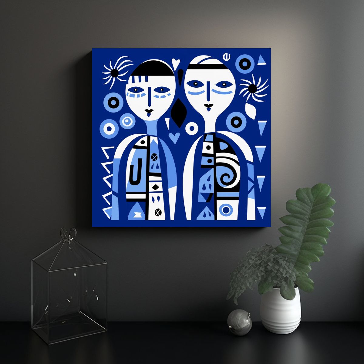 GENERICO - Pintura Minimalista Azul De Pareja Feliz En 90x90 Cm