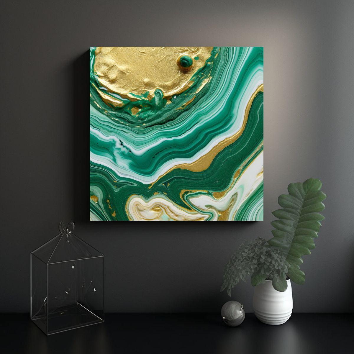 GENERICO - Cuadro Decorativo Con Fondo Malachite Y Dorado, 50x50 Cm