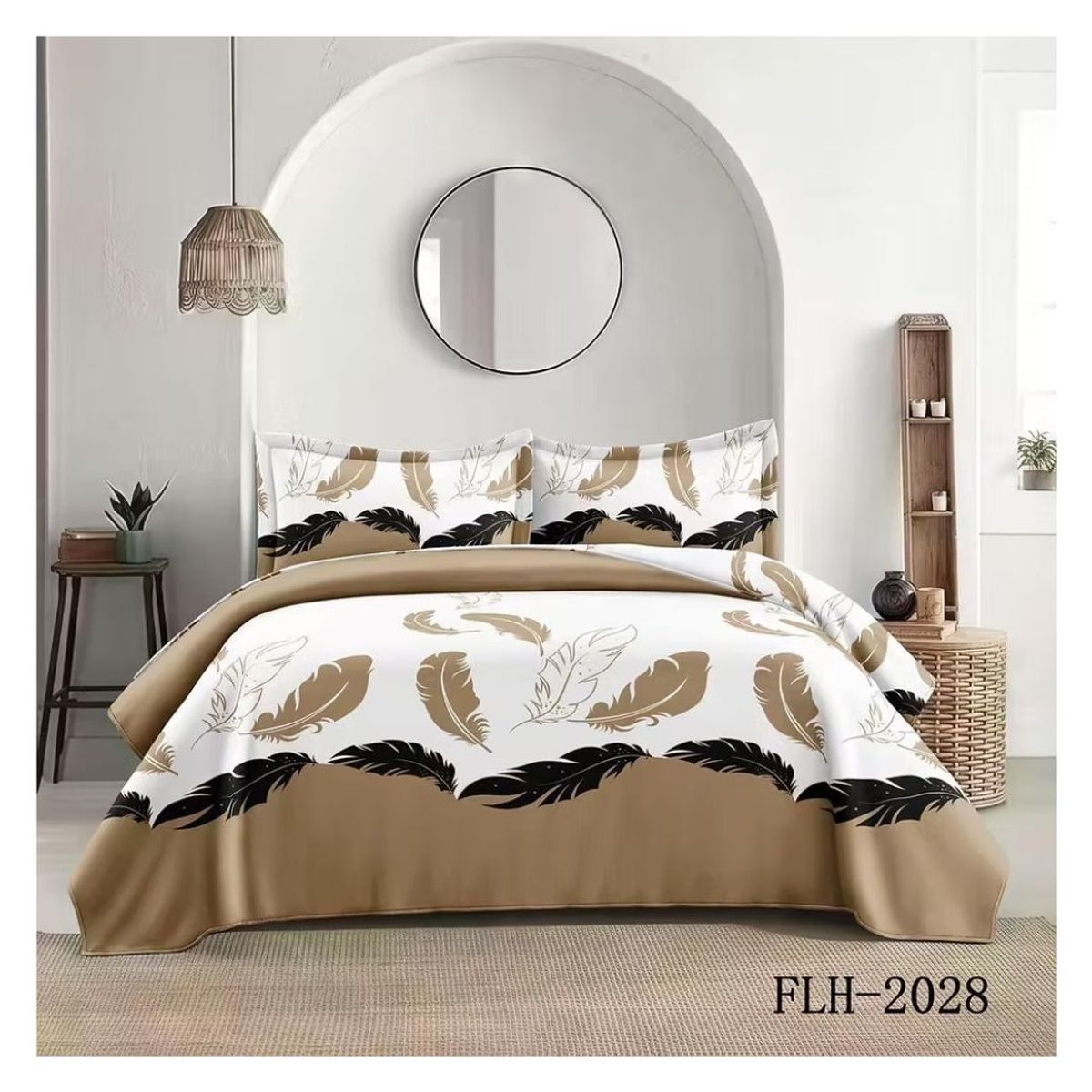 GENERICO - Cubrecama Quilt Verano 2 Plazas - Blanco Plumas Doradas KFL2028