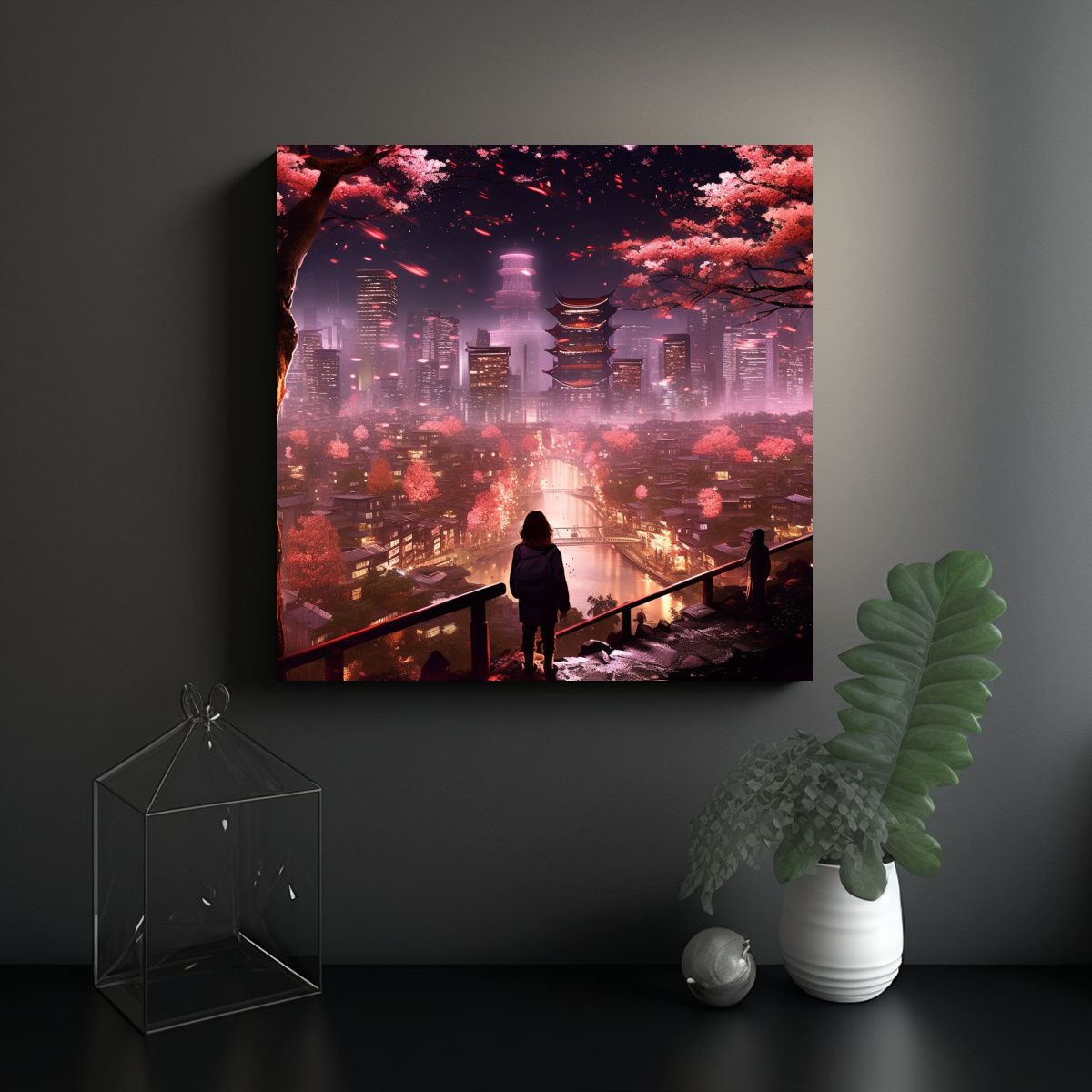 GENERICO - Pintura Decorativa Japonesa Nocturna Con Cerezos 50x50 Cm