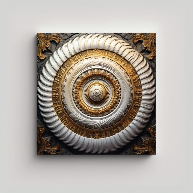 GENERICO - Cuadro Abstracto Blanco Y Dorado Con Espiral 50x50 Cm