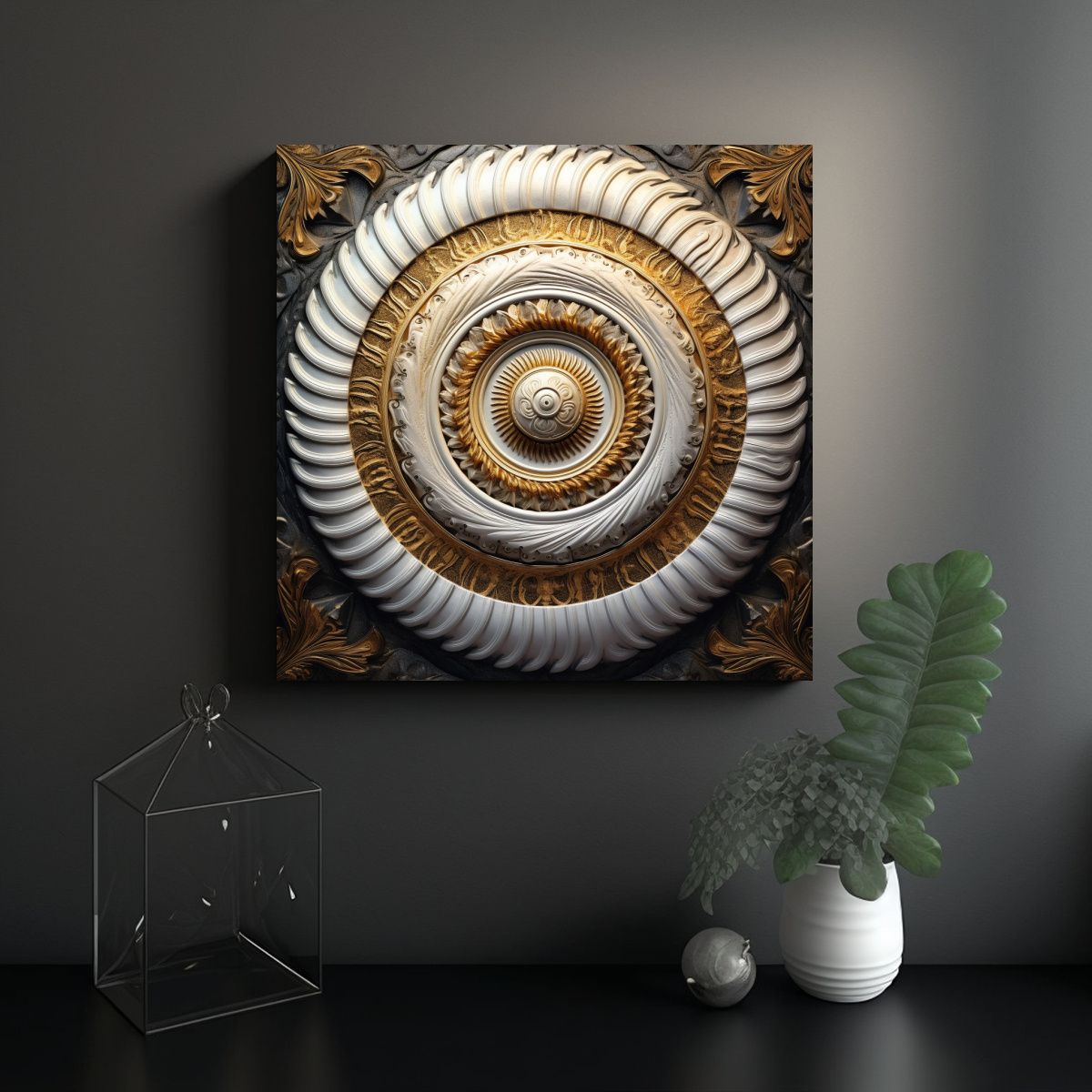 GENERICO - Cuadro Abstracto Blanco Y Dorado Con Espiral 50x50 Cm