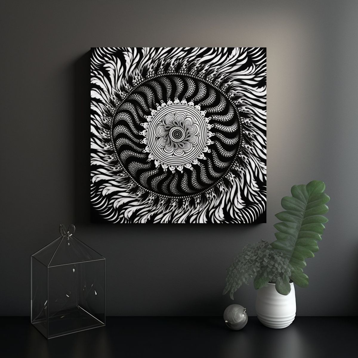 GENERICO - Cuadro Moderno Textura Espiral Blanco Y Negro Con 90x90 Cm