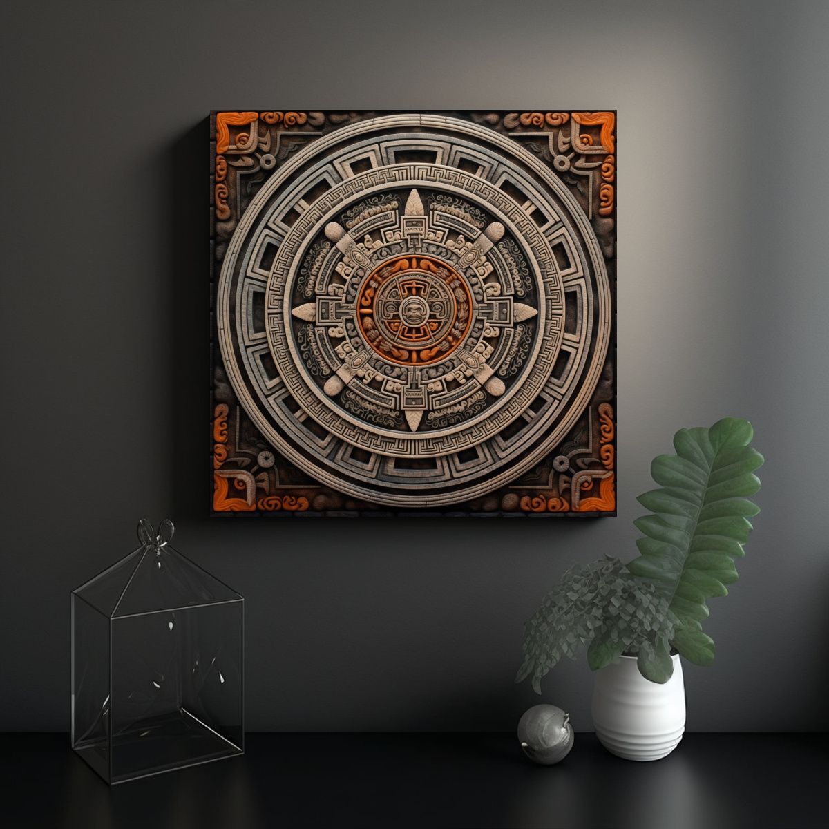 GENERICO - Cuadro Estrellado En Estilo Maya Blanco Y Negro 80x80 Cm