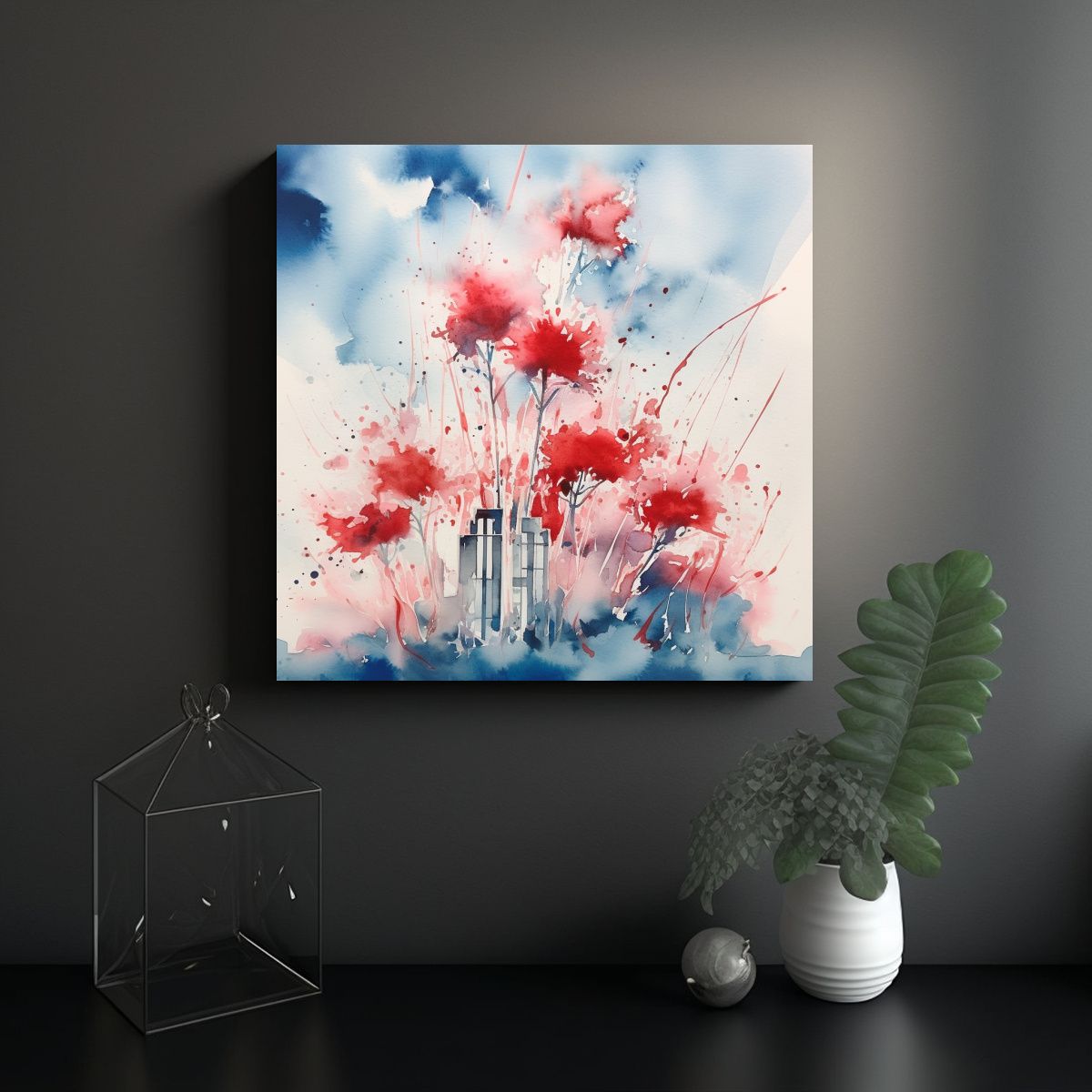 GENERICO - Cuadro Acuarela Exuberante En Rojo, Blanco Y Azul 90x90 Cm