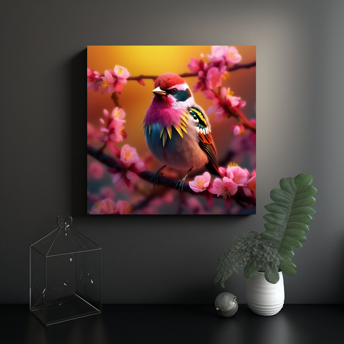 GENERICO - Cuadro Impreso Con Ave En Rama Con Flores Rosadas 90x90 Cm.