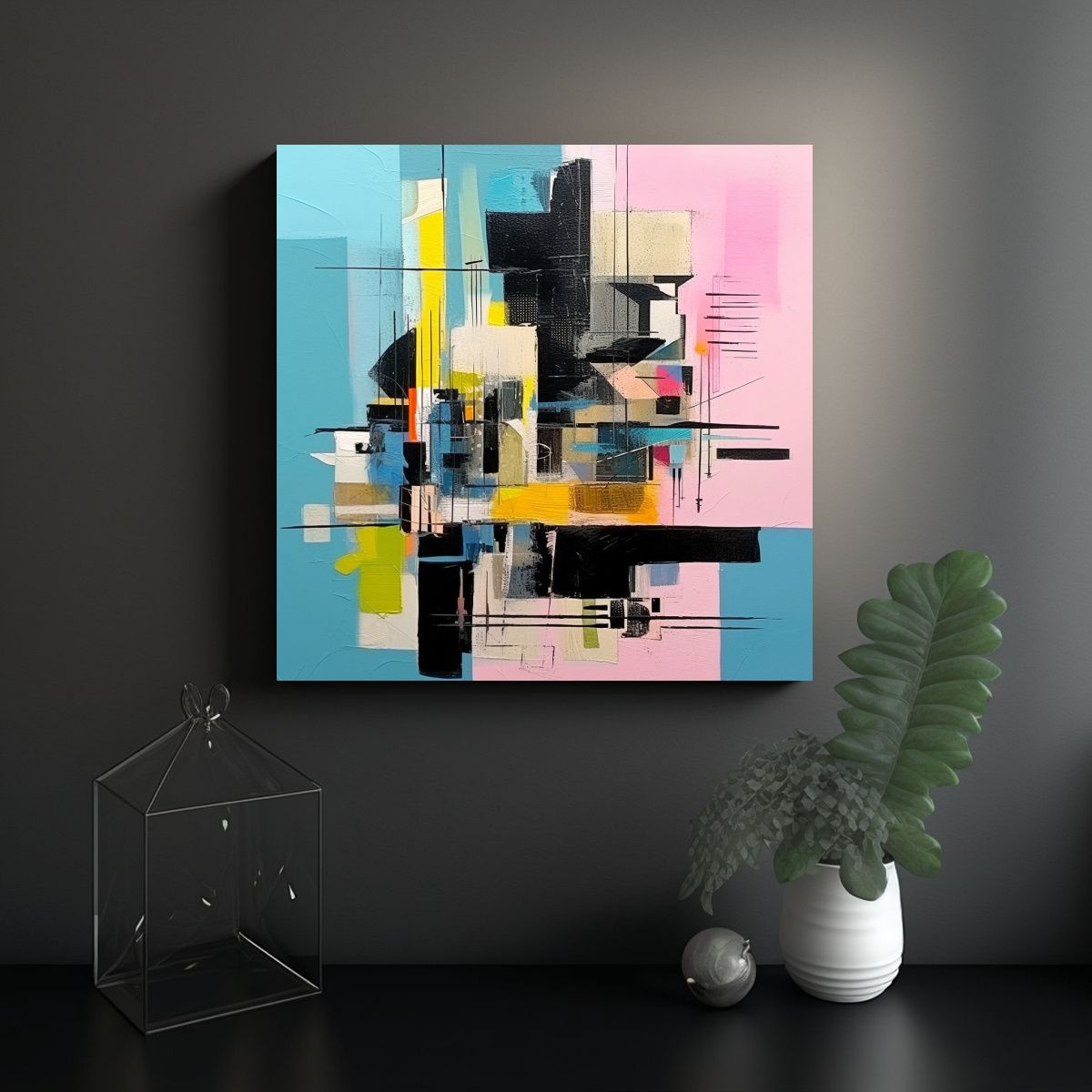 GENERICO - Pintura Abstracta En Lienzo Con Rejilla Sobre 50x50 Cm
