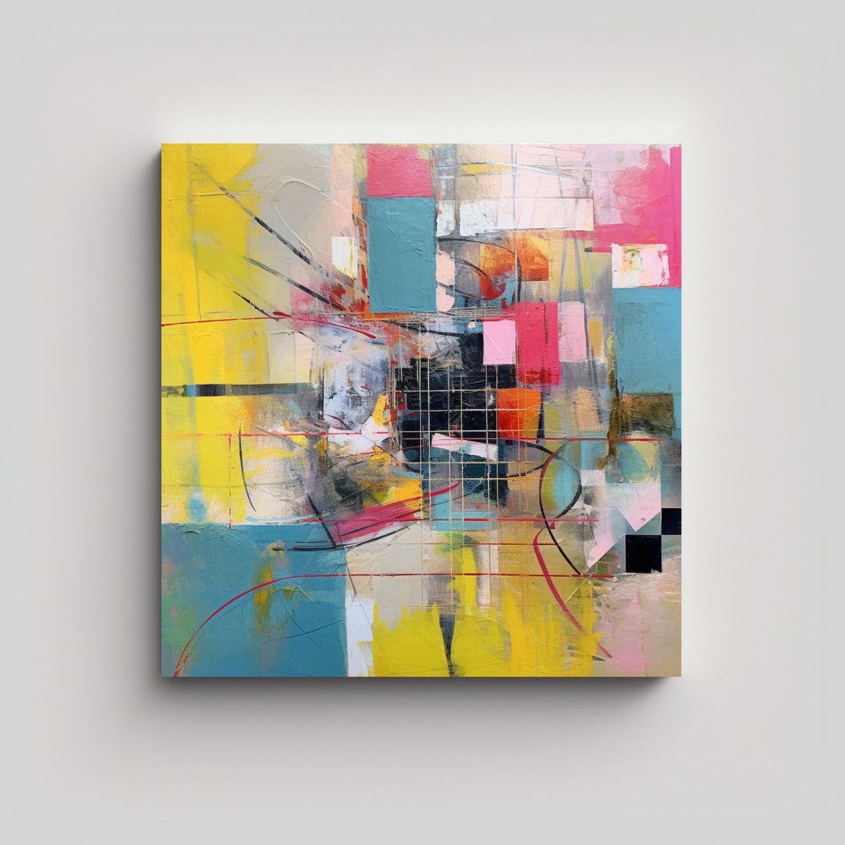 GENERICO - Cuadro Abstracto En Tela Con Rejilla Sobre Azul Y 90x90 Cm