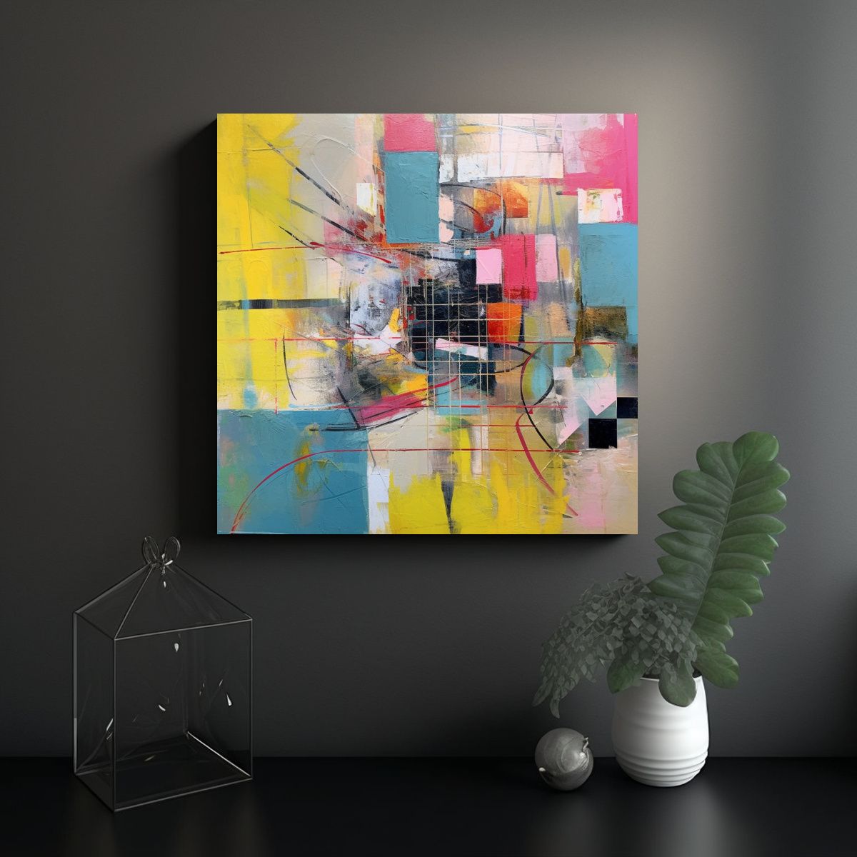 GENERICO - Cuadro Abstracto En Tela Con Rejilla Sobre Azul Y 60x60 Cm