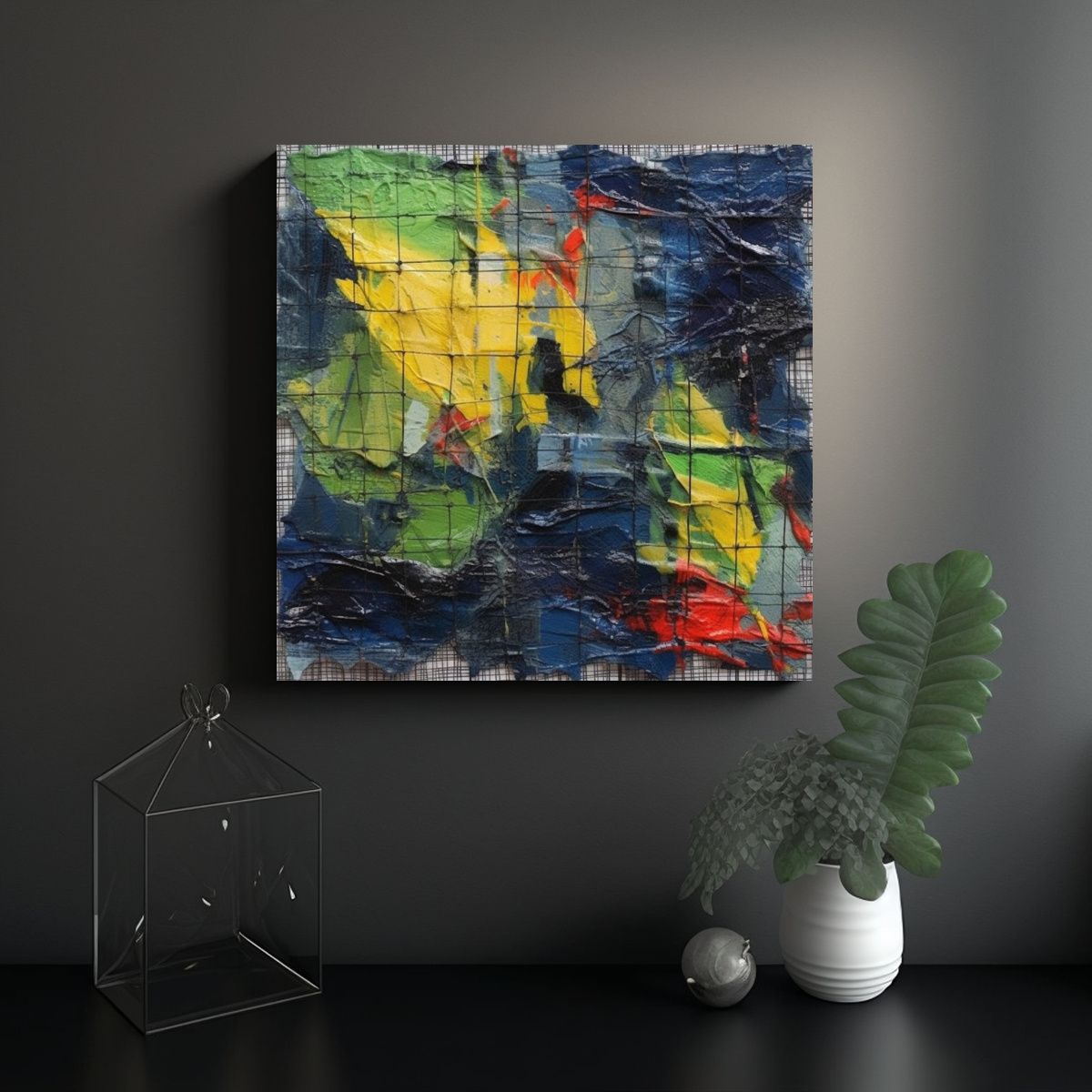 GENERICO - Pintura Abstracta Con Cuadrícula En Azul Y Rosa 90x90 Cm