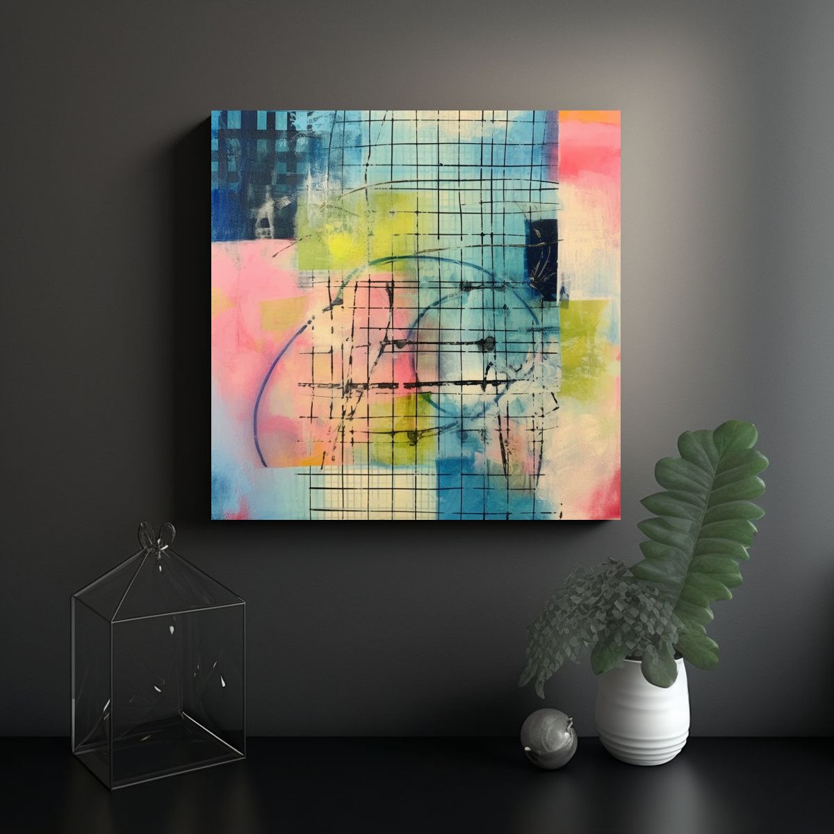 GENERICO - Cuadro Abstracto Con Rejilla En Azul Y Rosa: 60x60 Cm