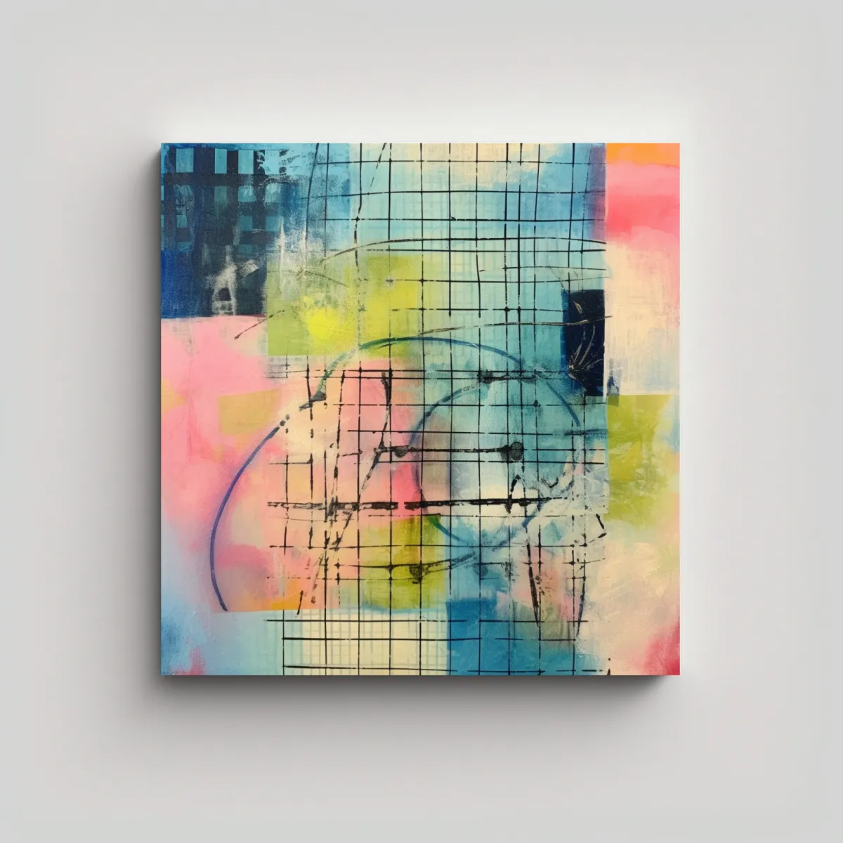 GENERICO - Cuadro Abstracto Con Rejilla En Azul Y Rosa: 50x50 Cm