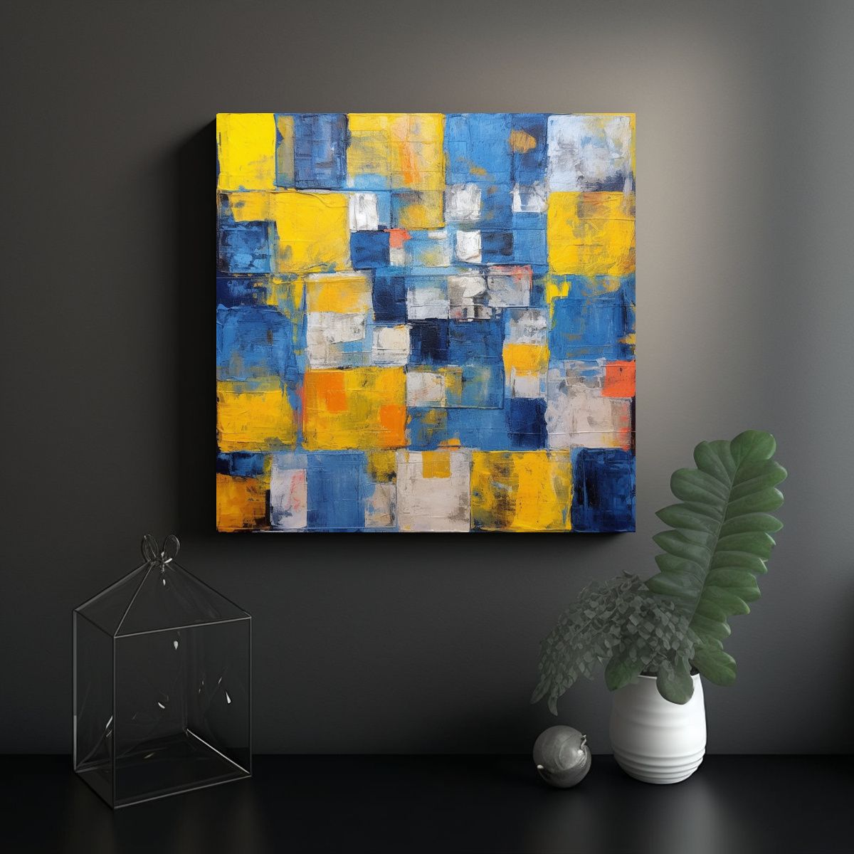 GENERICO - Obra De Arte Con Cuadrados Azules Y Amarillos En 50x50 Cm