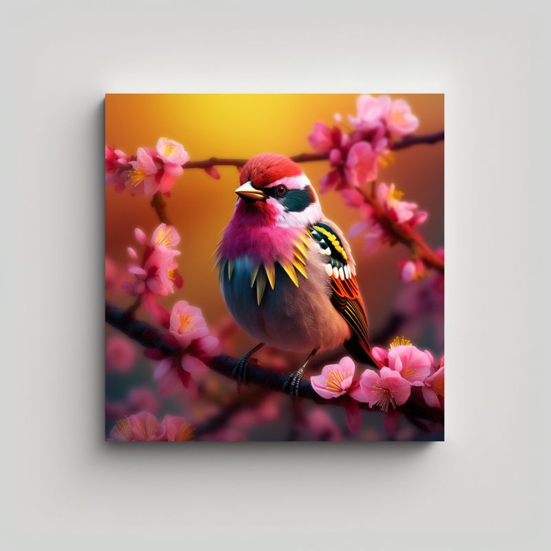 GENERICO - Cuadro Impreso Con Ave En Rama Con Flores Rosadas 70x70 Cm