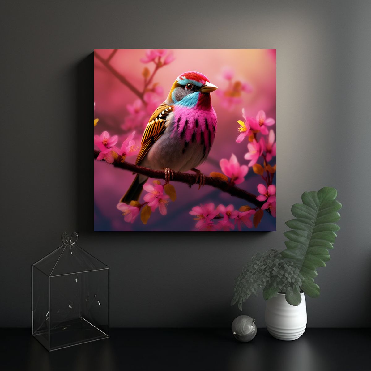 GENERICO - Cuadro De Pájaro Sobre Rama Con Flores Rosadas 90x90 Cm