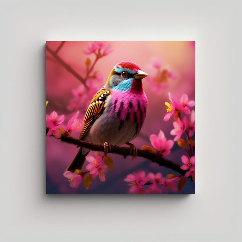 GENERICO - Cuadro De Pájaro Sobre Rama Con Flores Rosadas 80x80 Cm