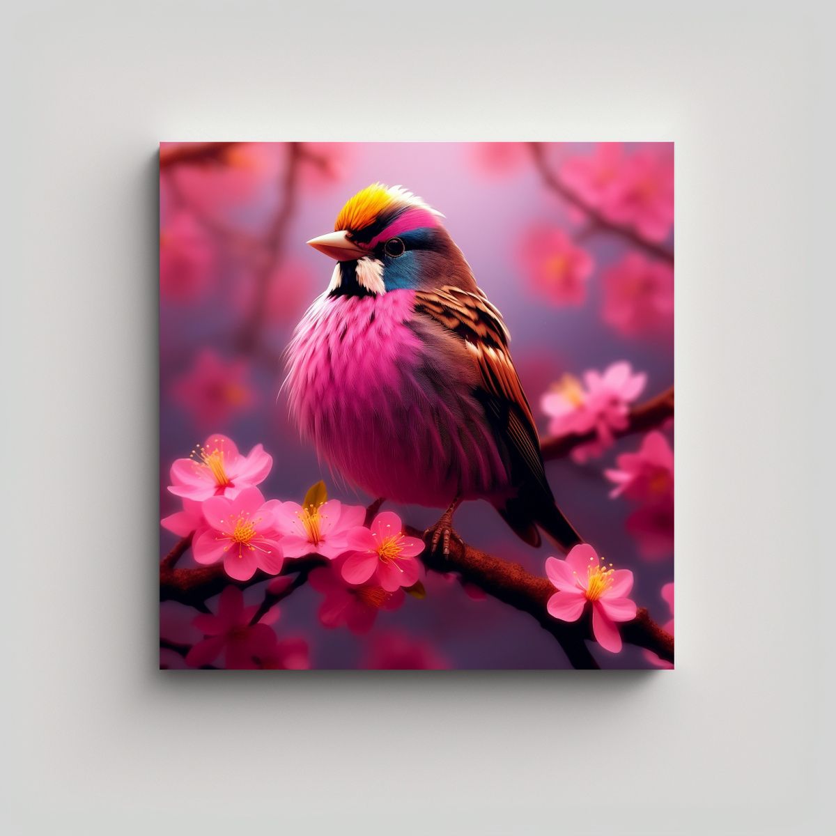 GENERICO - Cuadro De Pájaro Sobre Rama Con Flores Rosas 90x90 Cm