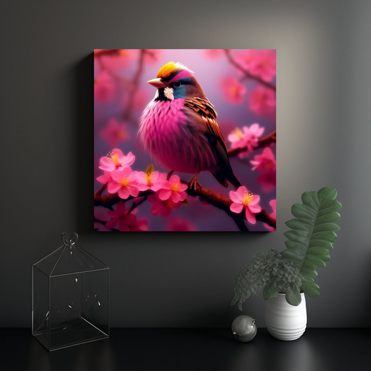 GENERICO - Cuadro De Pájaro Sobre Rama Con Flores Rosas 90x90 Cm