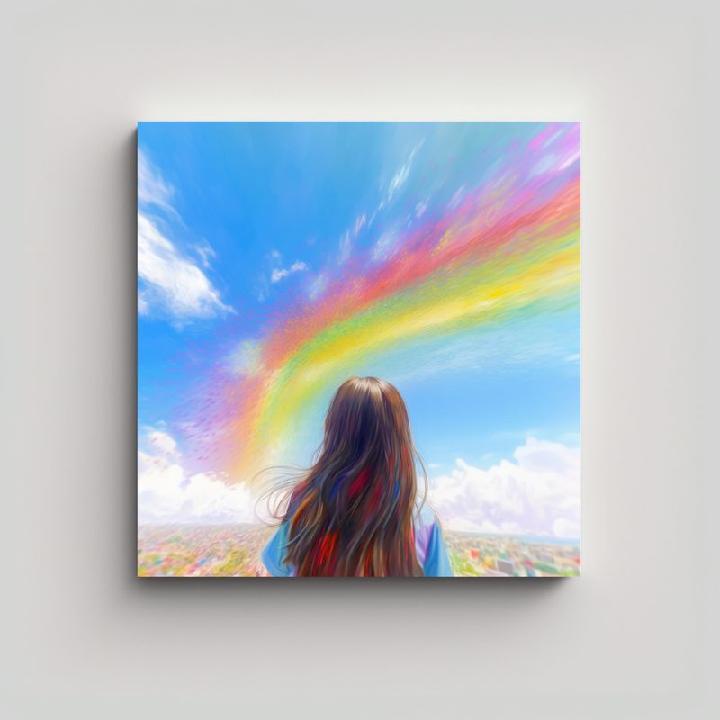 GENERICO - Cuadro Niña Pequeña óleo Arcoíris Cielo Claro 60x60 Cm