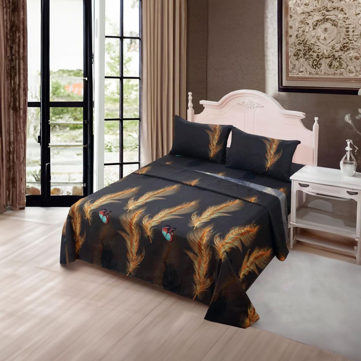 GENERICO - JUEGO DE SABANAS 2.0 ALGODON 200 HILOS PLUMAS CAFE 599