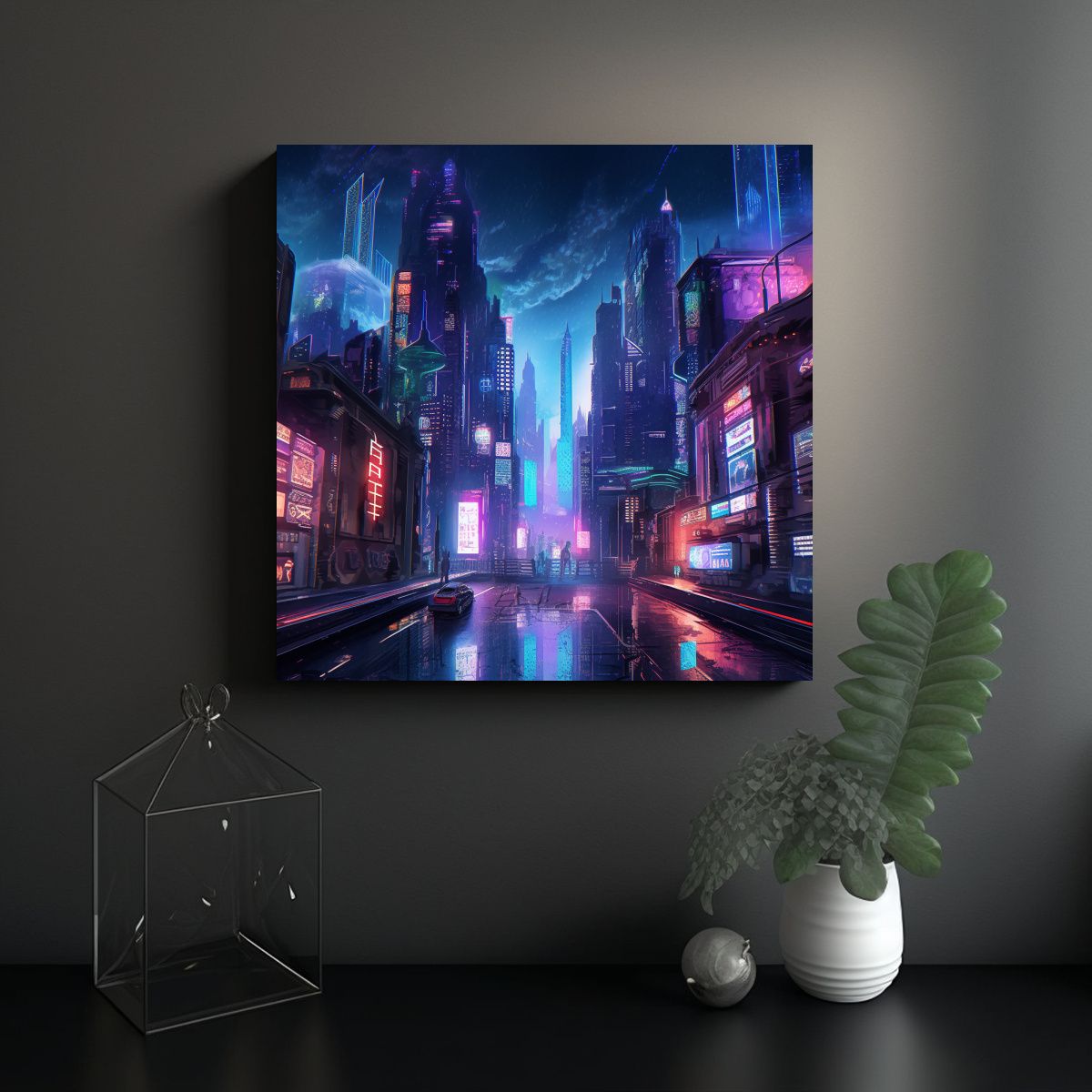 GENERICO - Cuadro Lienzo Ciudad Futurista Nocturna Arte 90x90 Cm