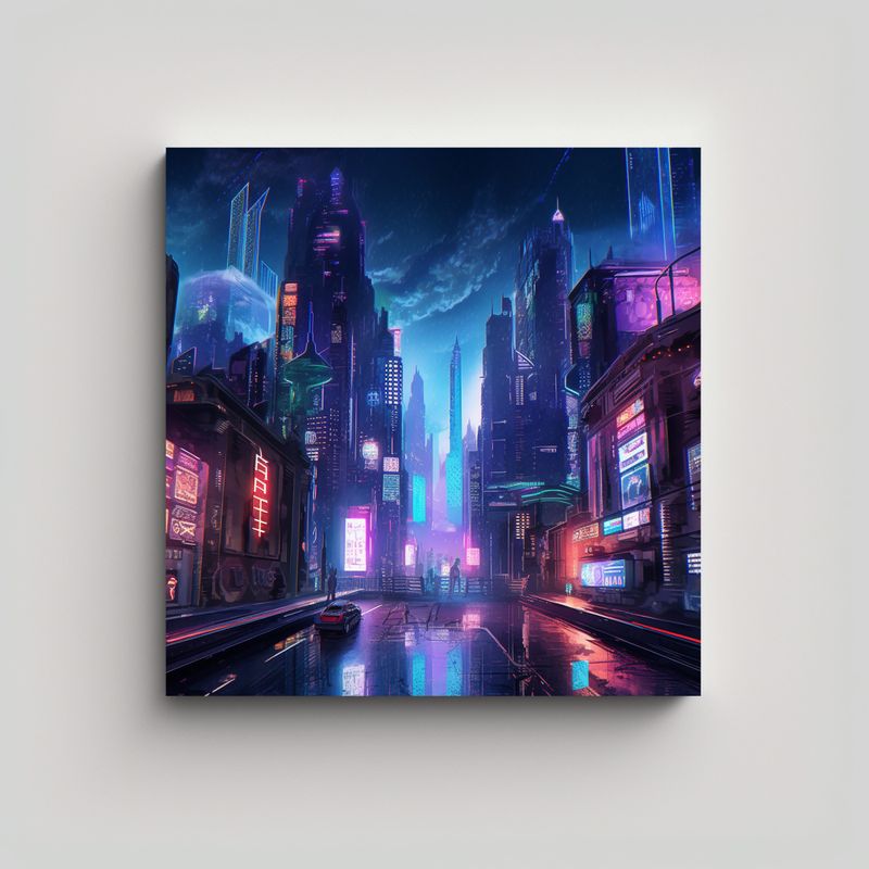 GENERICO - Cuadro Lienzo Ciudad Futurista Nocturna Arte 60x60 Cm