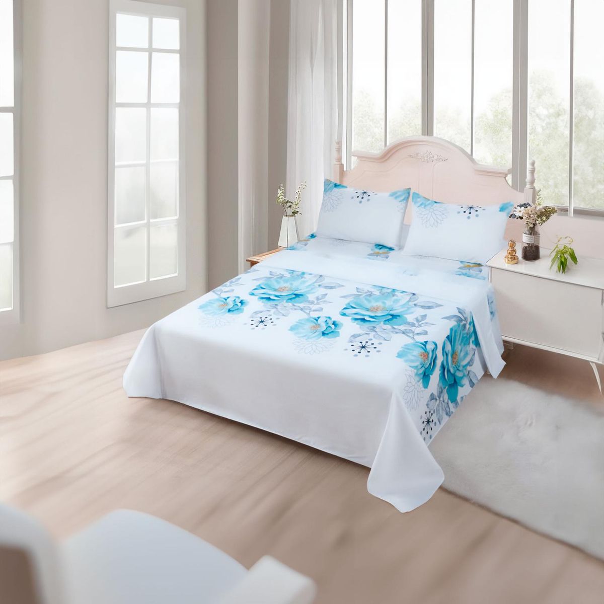 GENERICO - JUEGO DE SABANAS 2.5 ALGODON 200 HILOS ROSAS CELESTE 597