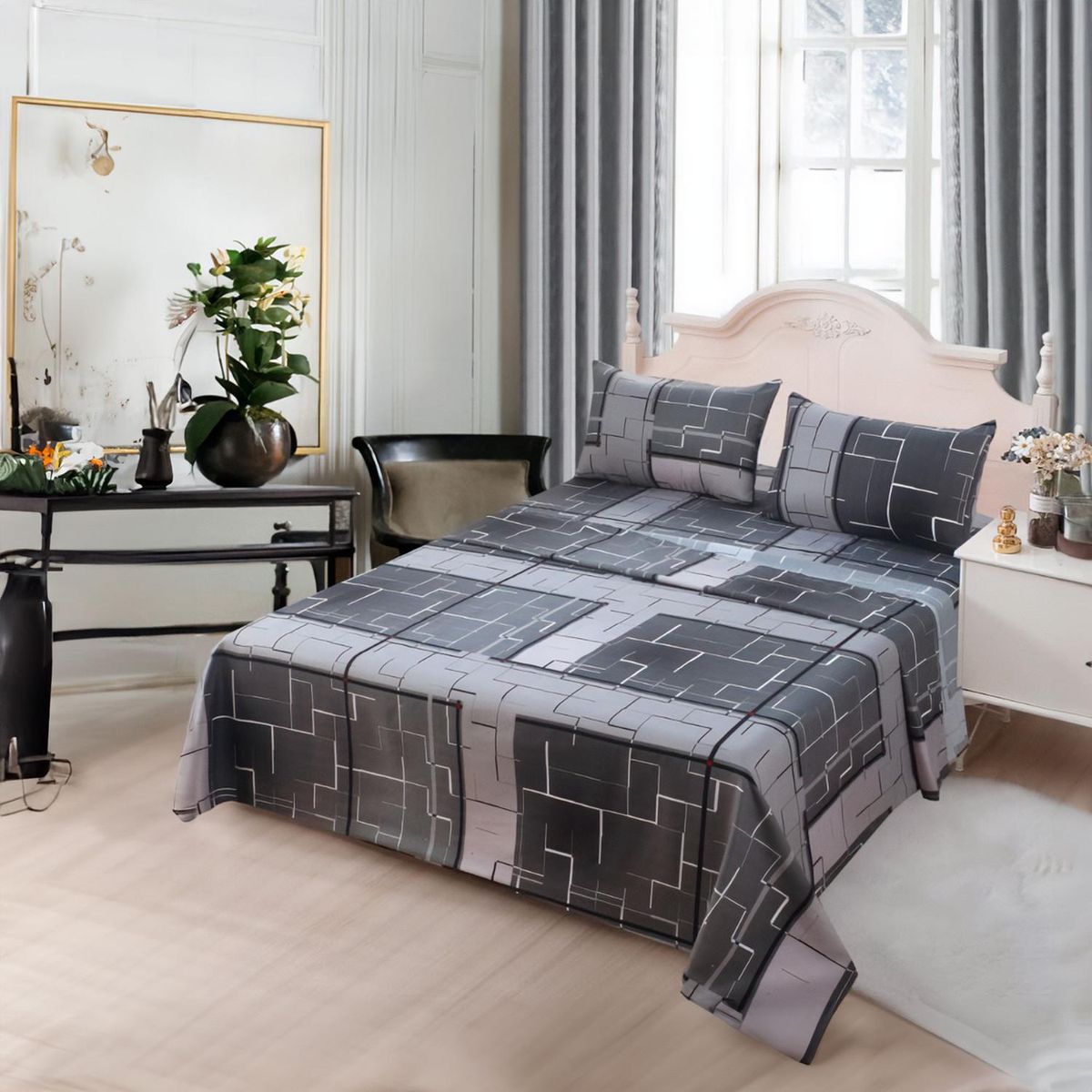 GENERICO - JUEGO DE SABANAS 2.5 ALGODON 200 HILOS CUADRILLE GRIS 598