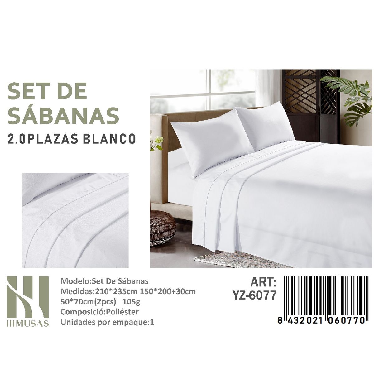ANGELES DEL HOGAR - Set De Sabanas 2 Plazas  Color Blanco 200 Hilos + 2 Funda De Almohada